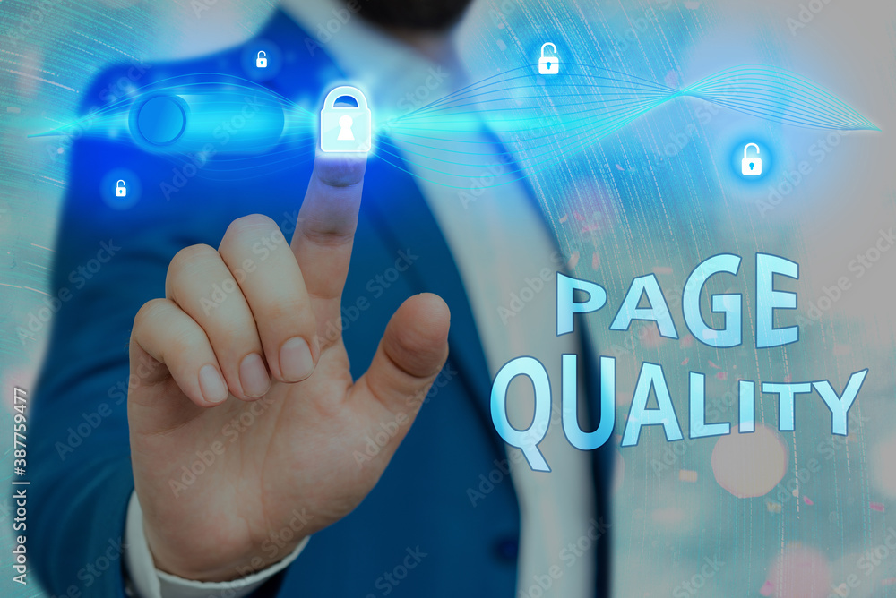 Poster Handwriting text Page Quality. Conceptual photo Effectiveness of a website in terms of appearance and function Graphics padlock for web data information security application system