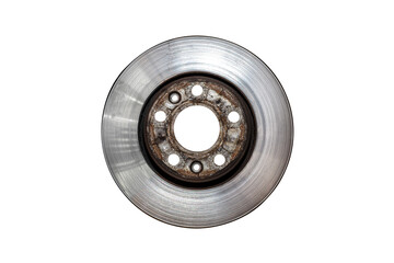 Front old brake disc covered with rust, isolated on a white background with a clipping path.