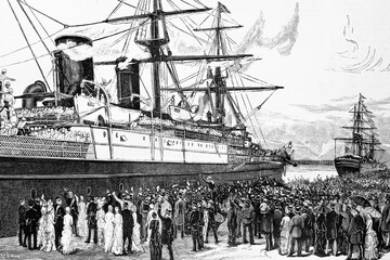 London, embarkation of the Duke of Connaught and the 1st. Battalion of Scots guards aboard the Orient bound to Egypt, Antique illustration. 1882.