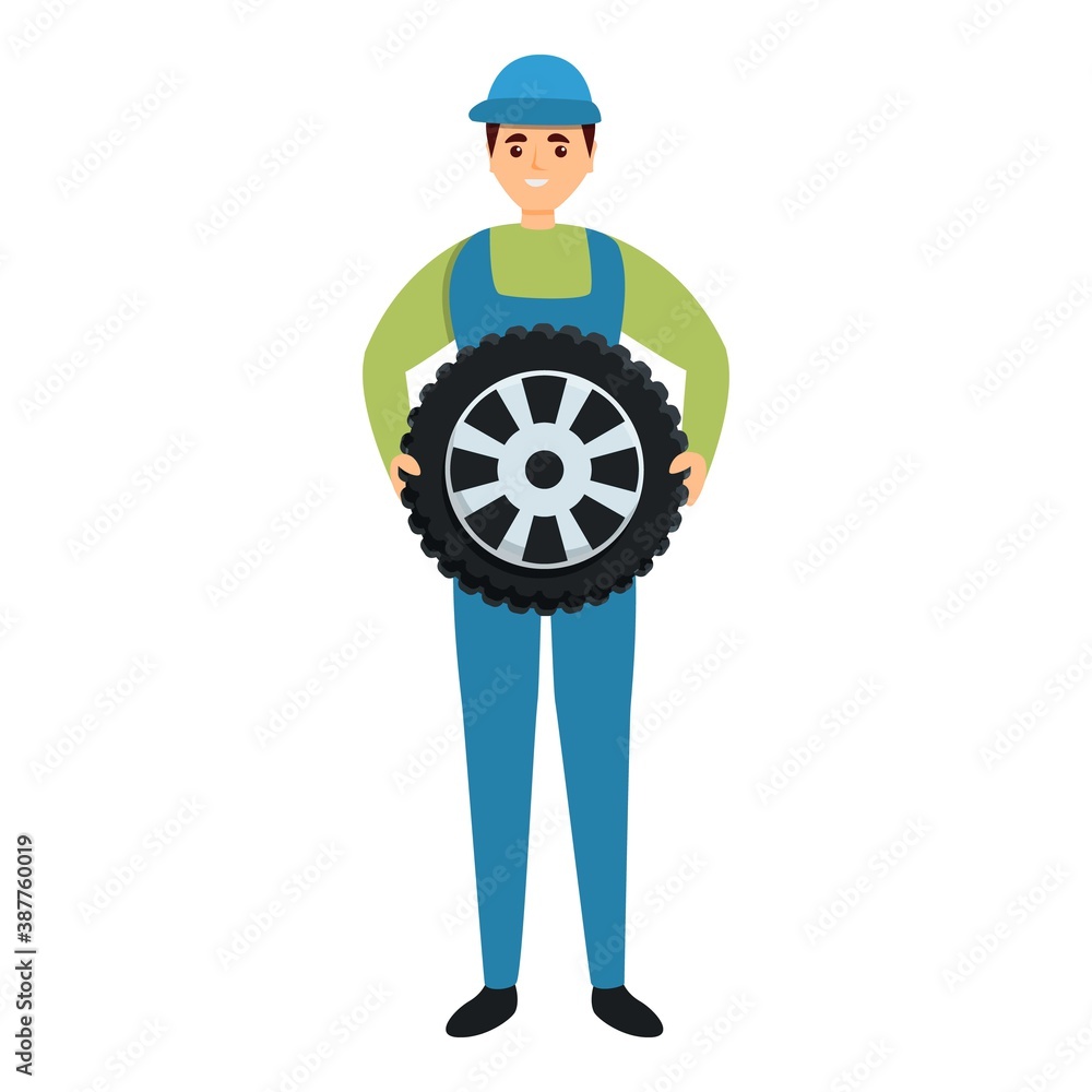 Poster mechanic with wheel icon. cartoon of mechanic with wheel vector icon for web design isolated on whit