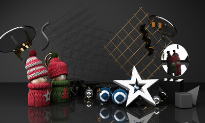 christmas greeting card template with Christmas tree and candy giftbox surounding by geometric shape gold and black texture 3d rendering