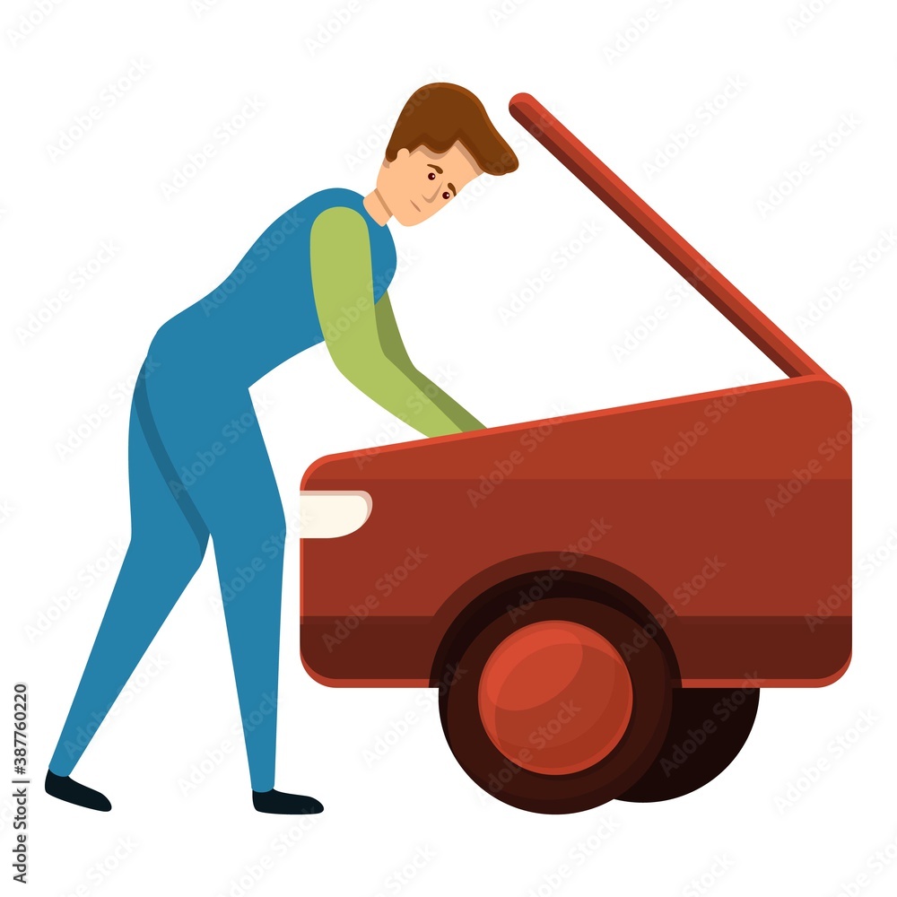 Poster worker opened trunk icon. cartoon of worker opened trunk vector icon for web design isolated on whit