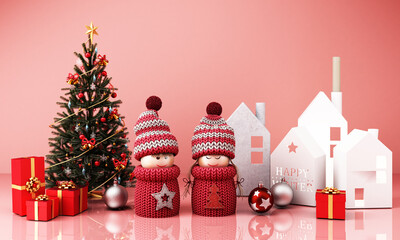 christmas greeting card template with boy and girl dolls with house paper box and christmas tree red giftbox on pink background 3d rendering
