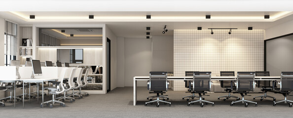 Working area in modern office with carpet floor and meeting room. interior 3d rendering
