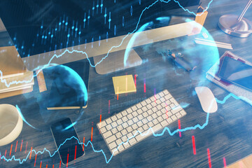 Multi exposure of chart and financial info and work space with computer background. Concept of international online trading.