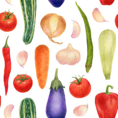 Seamless pattern with vegetables.  Color pencil drawing.