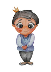 Cute fairytale boy prince with a crown on his head. Childrens illustration. Watercolor. Hand drawing on a white background.