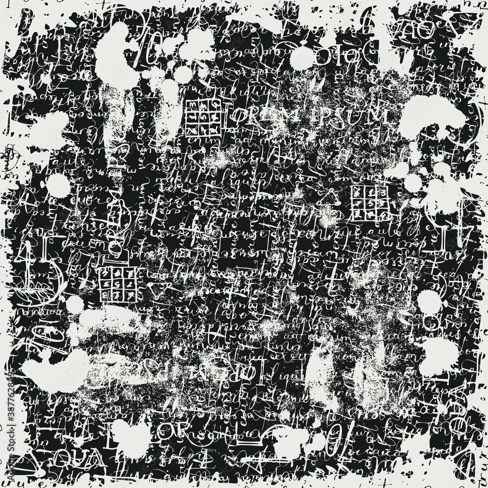 Poster abstract background with handwritten unreadable text lorem ipsum, blotches and fingerprints on a bla