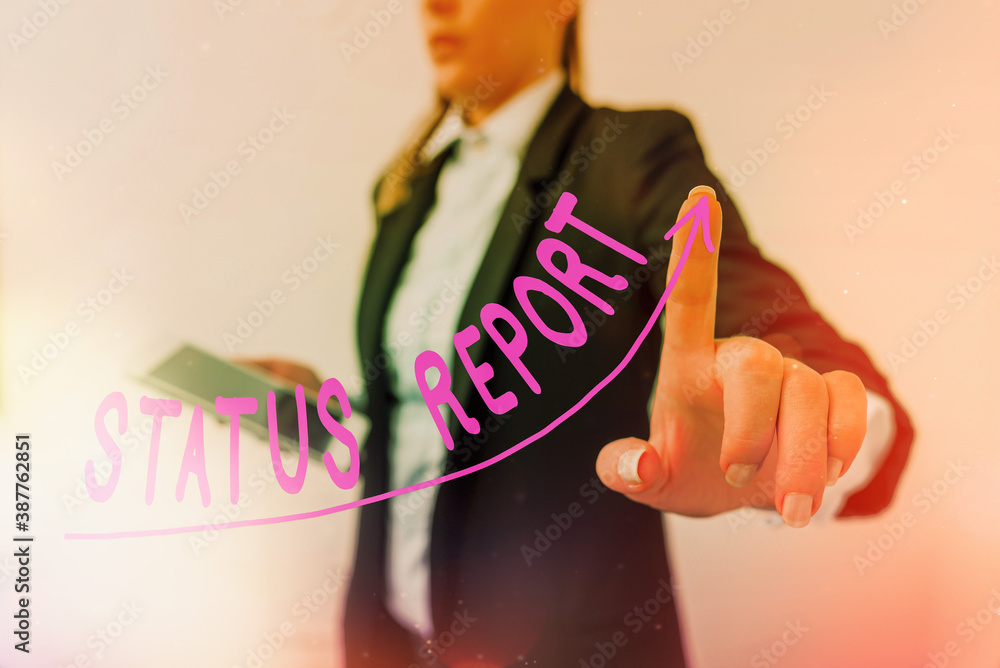 Aufkleber handwriting text writing status report. conceptual photo summarizes the particular situation as of a