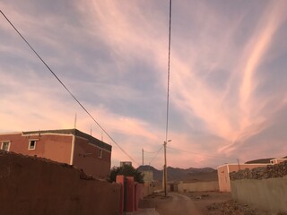 Pink sky,Evening Dusk cloud on Sunset,idyllic nature cloud,dramatic sunlight with majestic peaceful sky in summer season in tafraout, Morocco.
