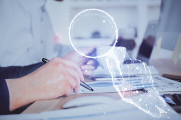 Creative start up concept hologram multi exposure with human hand background.