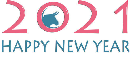 2021 happy new year pink number blue letters bull head with horns white background illustration
