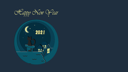 illustration cat roof looking moon stars 2021 glow paper cut happy new year card yellow blue windows wallpaper place for text