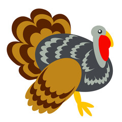 Turkey bird simple cartoon flat isolated on white. Thanksgiving Day. 