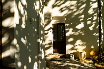 Abstract tree shadows cast on the walls of buildings inside a back yard. - 387764449