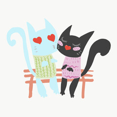 Cats romanic couple postal card. cat with a heart