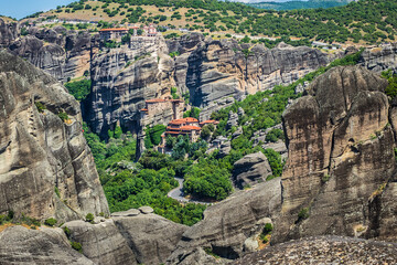 Rock cliffs (60 million years old) in deltaic plains of Meteora. Cliffs rise to a height of 400 meters. They situated in Pineios Valley within Thessalian plains close to town of Kalambaka. Greece.