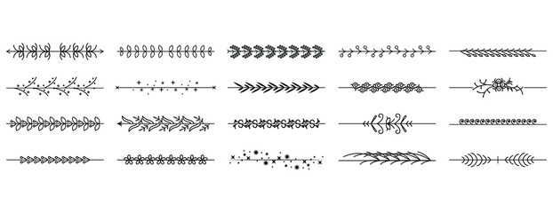 Set Black Simple Line Collection Doodle Border Floral Leaves Elements Vector Design Style Sketch Isolated Illustration For Banner