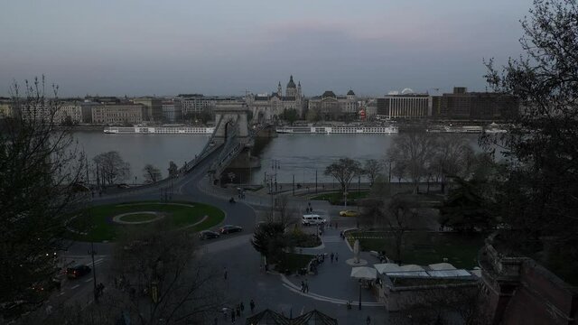 Secheni Bridge Over Danube River In Budapest Panorama Dusk