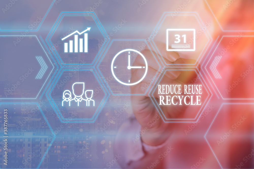 Poster conceptual hand writing showing reduce reuse recycle. concept meaning environmentallyresponsible con