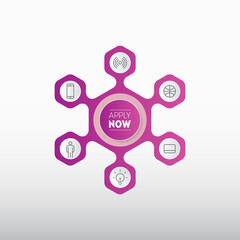 Apply now - original button for web design with 6 icons. Design element for internet projects or website. Vector.