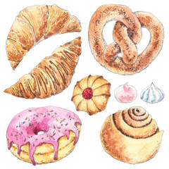 Appetizing bakery set hand drawn in watercolor. Yummy croissants, pretzel, donut, cinnamon roll, cookie, meringue. Food illustration. Dessert elements for menu, package, wrapping paper design.