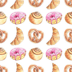 Bakery seamless pattern with donut, pretzel, croissant, cinnamon roll hand drawn in watercolor sketching style. Popular pastry for background, wallpaper, textile design. Food illustration, print.
