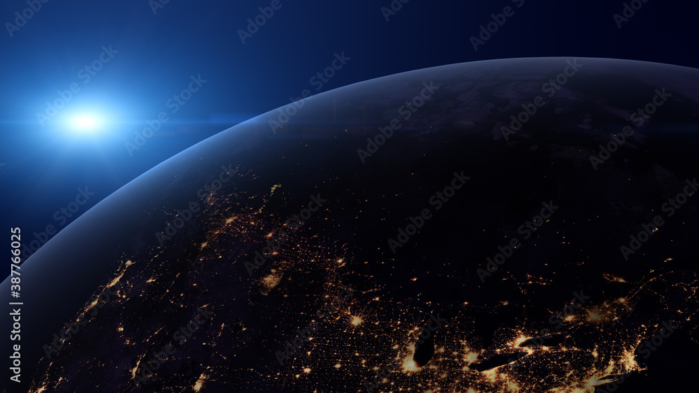 Poster sunrise view from space on planet earth at night. world rotating on its axis in black universe in st