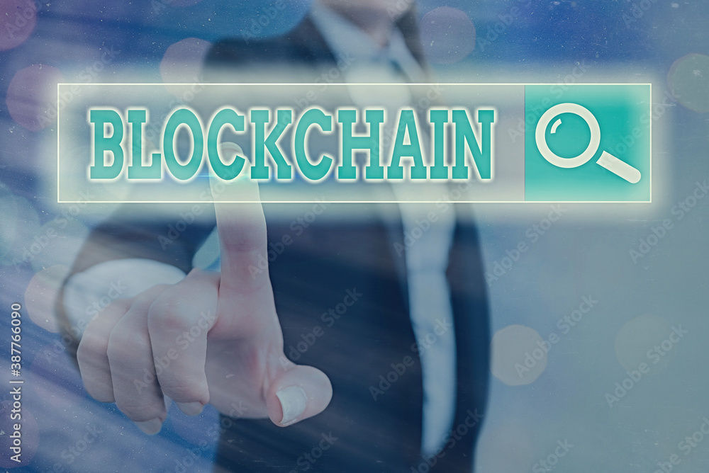 Poster conceptual hand writing showing blockchain. concept meaning digital database containing information 