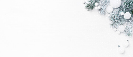 White festive Christmas banner with christmas tree branches