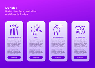 Dentist mobile user interface with thin line icons: dental instruments, caries under magnifier, orthodontics. Vector illustration, template with copy space.
