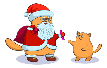 Christmas Cartoon, Cat Santa Claus Gives Candy to a Kitten. Vector