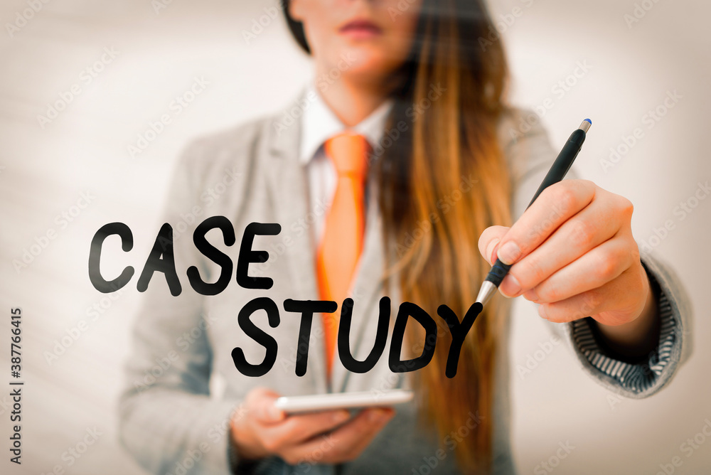 Aufkleber word writing text case study. business photo showcasing analysis and a specific research design for 