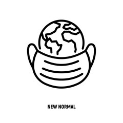 New normal: planet Earth in surgical mask thin line icon. Global infection of Covid-19. Vector illustration.