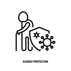 Virus protection for elderly person: ald person is protected by shield, bacterias can't attack him. Immune system, vaccination, antibiotics. Thin line icon. Modern vector illustration.