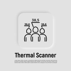 Thermal scan temperature of people's group. Detection of covid-19., measuringof fever. Thin line icon, vector illustration.