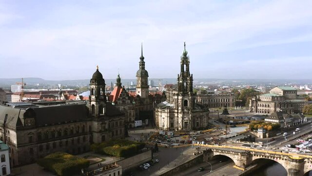 Drone footage of Dresden inner city with Hofkirche, Germany
