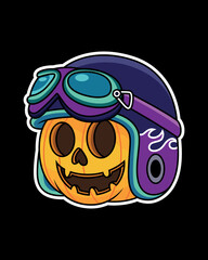 Halloween pumpkin head with helmet. Vector illustration in black background