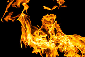 Fire flames on black background isolated. Burning gas or gasoline burns with fire and flames....