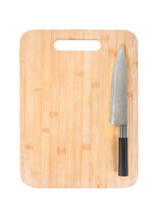 New rectangular wooden bamboo cutting board and kitchen knife isolated on white background