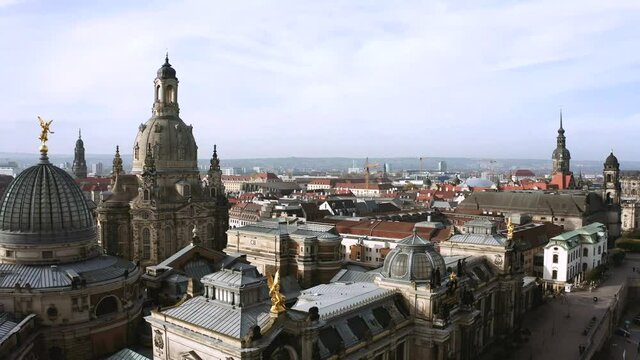 Drone footage of Dresden inner city with Frauenkirche, Germany