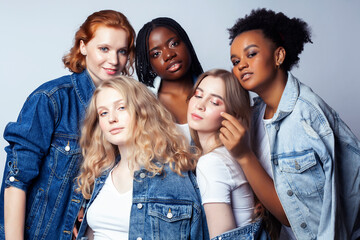 Fototapeta premium diverse multi nation girls group, teenage friends company cheerful having fun, happy smiling, cute posing isolated on white background, lifestyle people concept, african-american and caucasian