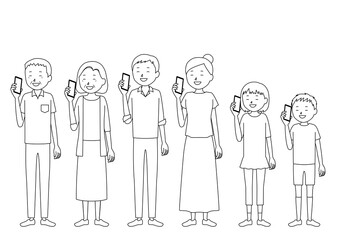 Illustration set of a person smiling while talking on a smartphone (three generation family)