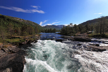 Fototapeta na wymiar Likholefossen - river system and waterfalls in Gaularfjellet scenic route, Norway