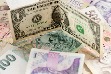 Fototapeta na wymiar czech koruna currency bills and dollar banking finance concept photo