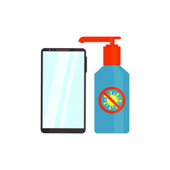 Telephone and antiseptic with a dispenser. Vector illustration, flat cartoon color minimal design isolated on white background, eps 10.
