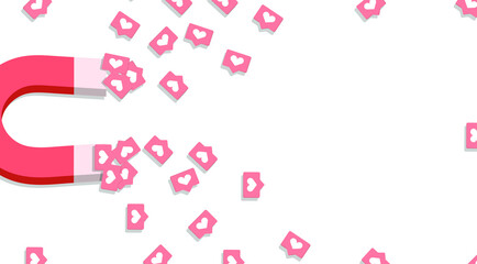 Magnet for approval and likes, white background, icons with hearts are magnetized. Vector illustration, flat cartoon color design, isolated, eps 10.