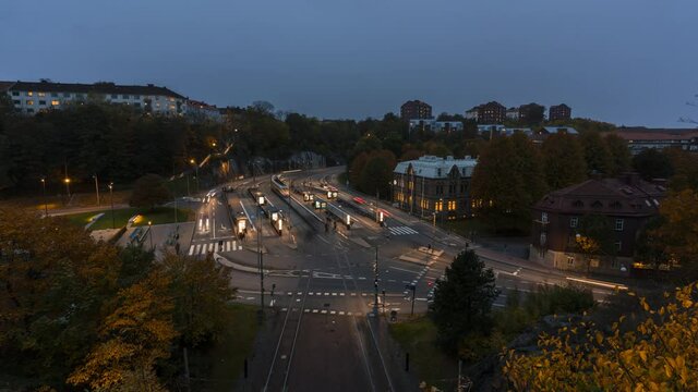 Elevated timelapse view of traffic intersection in Gothenburg, Sweden. 4K, 25p.