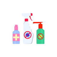 A set of antiseptics for sanitization, disinfection. Means against microbes, viruses, bacteria. Spray bottle with dispenser. Vector illustration, flat cartoon color design, isolated on white backgroun