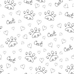Seamless pattern of cat paw track. Cat love pattern. Black contours on a white background. Cat lettering. Hand drawing curl cats paw. Vector illustration of cat. Love cat background.